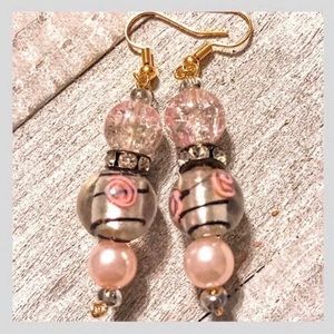 Pink Rose Bead Dangle Earrings